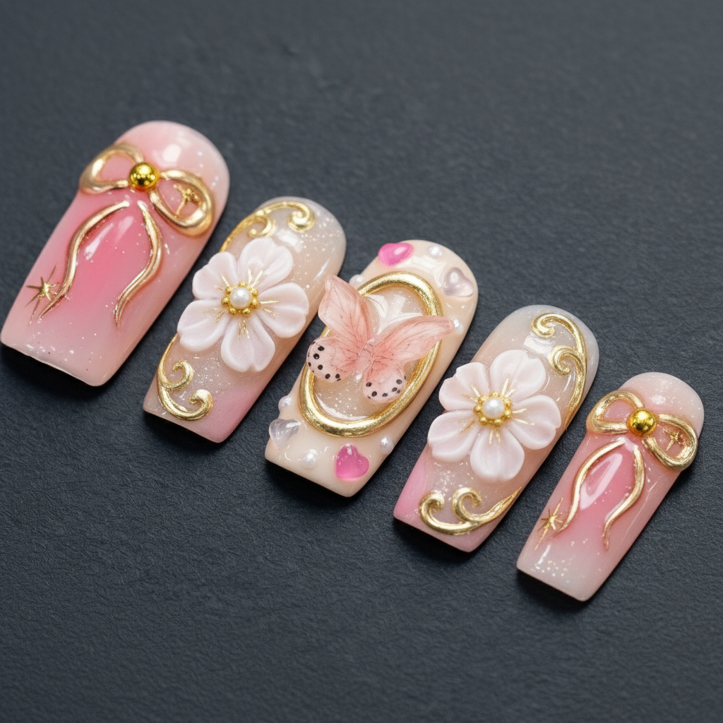 Macro close-up 3D gold bow charm pearl flower custom press-on nails dramatic lighting — LuxepressCo
