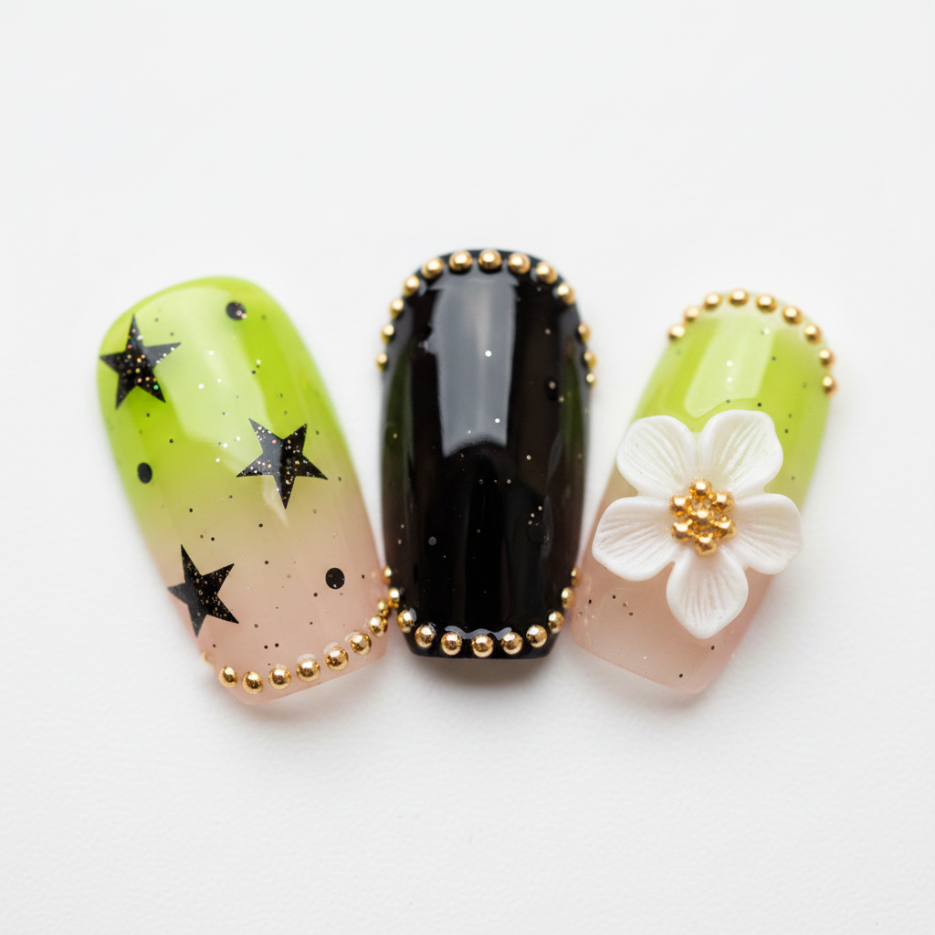 Macro close-up lime green gradient black starburst gold bead solid black 3D white flower gold starburst center square nail art — LuxepressCo