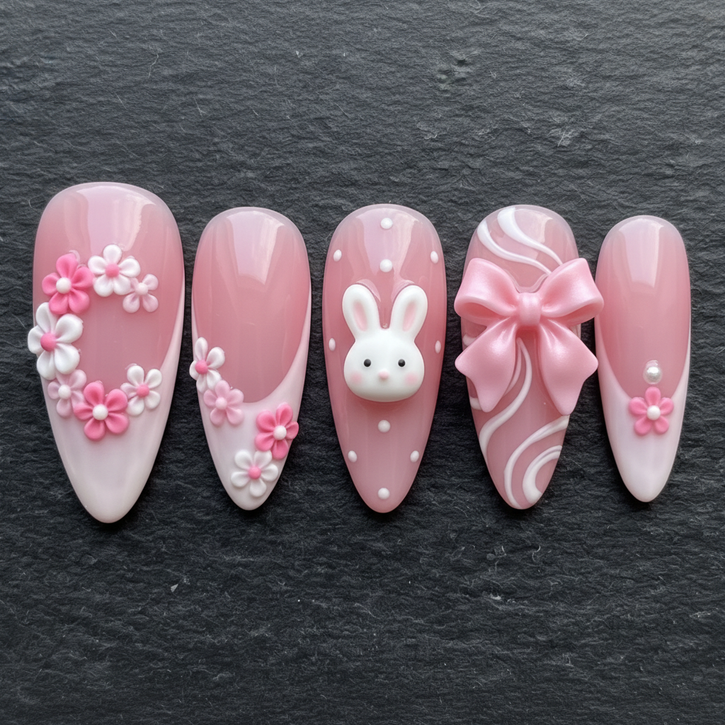 Close-up macro 3D white bunny charm and pink bow press-on nails dramatic lighting custom press-on nails — LuxepressCo