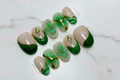 Emerald green marble gold foil 3D flower custom press-on nails full set on marble — LuxepressCo