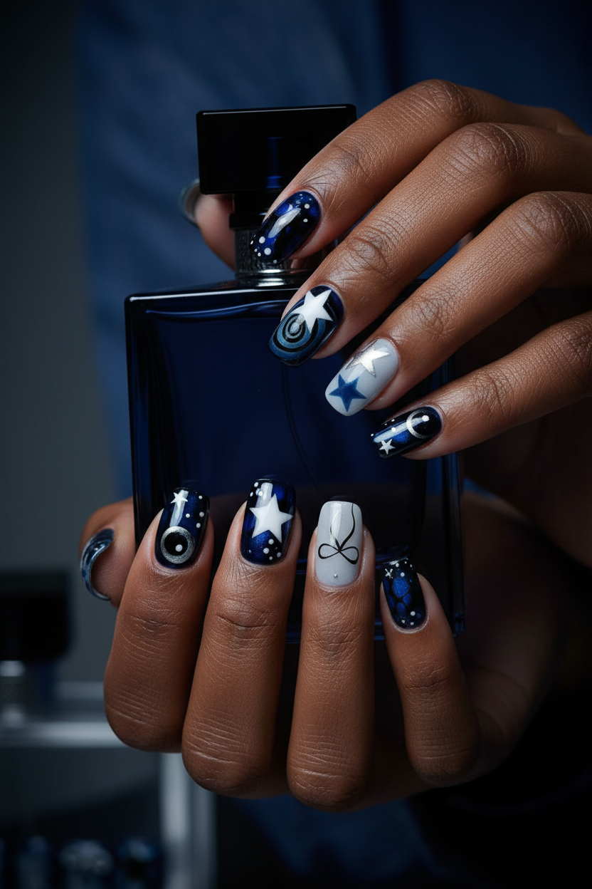Midnight galaxy custom press-on nails lifestyle dark skin 10 fingers holding navy perfume — LuxepressCo