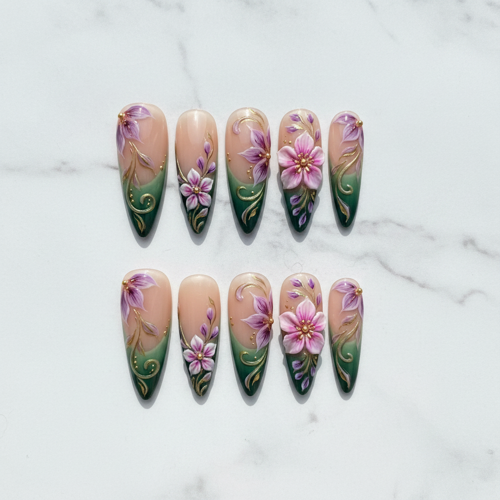 Flat lay overhead view full set 10 custom press-on nails 3D floral purple green gold on marble — LuxepressCo