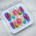 Full set 10 rainbow aurora tropical square purple blue teal pink 3D floral citrus custom press-on nails on marble — LuxepressCo