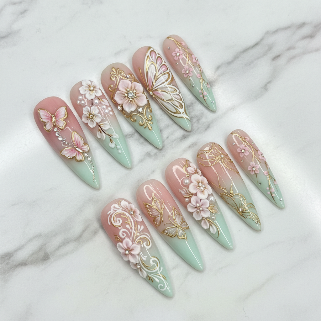 Hero studio shot full set 10 mint green 3D butterfly cherry blossom custom press-on nails white marble — LuxepressCo