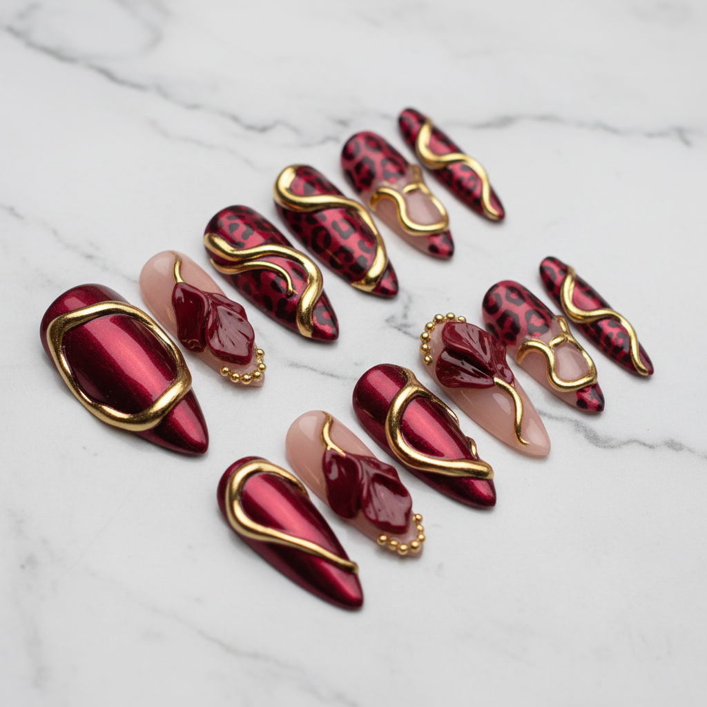 Full set 10 burgundy chrome 3D gold leopard custom press-on nails on marble background — LuxepressCo