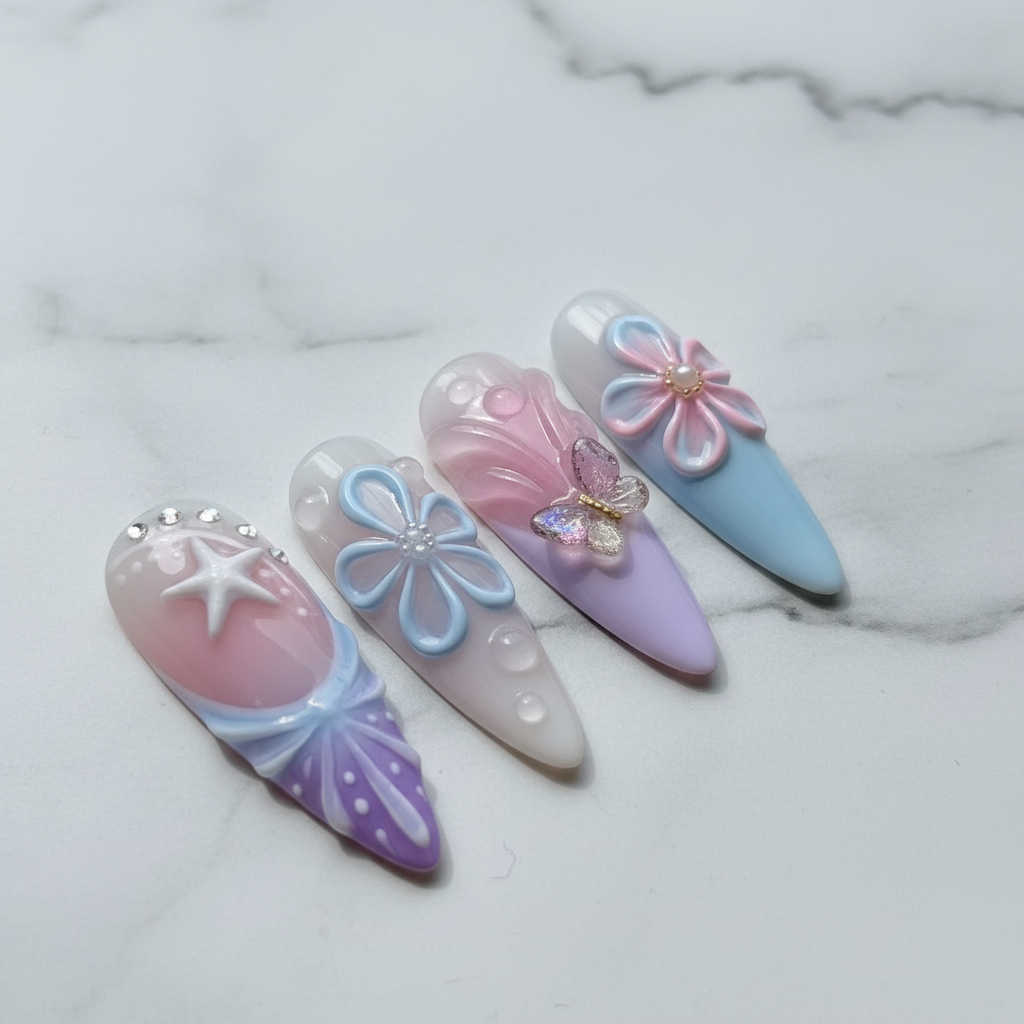 Close-up 3D starfish rhinestone seashell texture white daisy custom press-on nails pink lavender — LuxepressCo