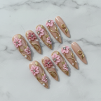 Full set 10 stiletto custom press-on nails 3D pink flowers gold vines marble background studio — LuxepressCo