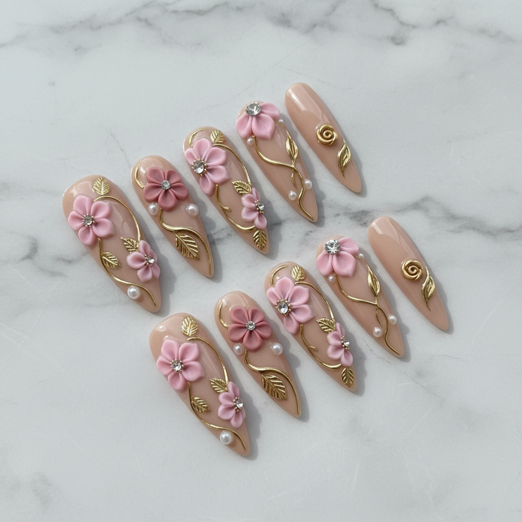 Full set 10 stiletto custom press-on nails 3D pink flowers gold vines marble background studio — LuxepressCo