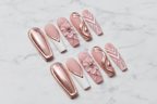 Full set 10 rose gold chrome 3D floral blush pink coffin custom press-on nails on marble background — LuxepressCo