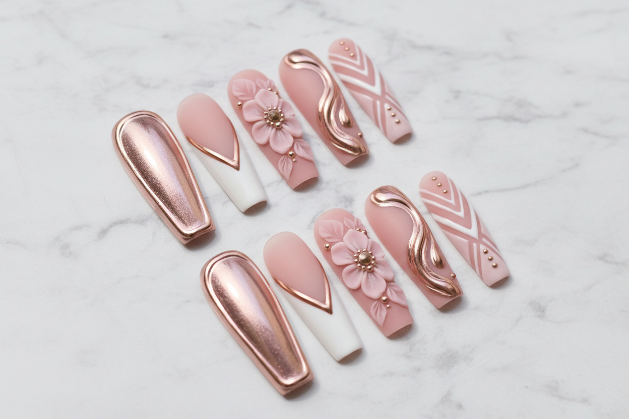 Full set 10 rose gold chrome 3D floral blush pink coffin custom press-on nails on marble background — LuxepressCo