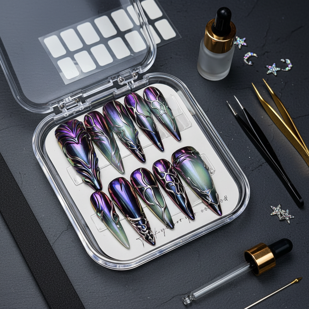 Luxury unboxing acrylic box aurora chrome metal vine reusable press-on nails with accessories — LuxepressCo