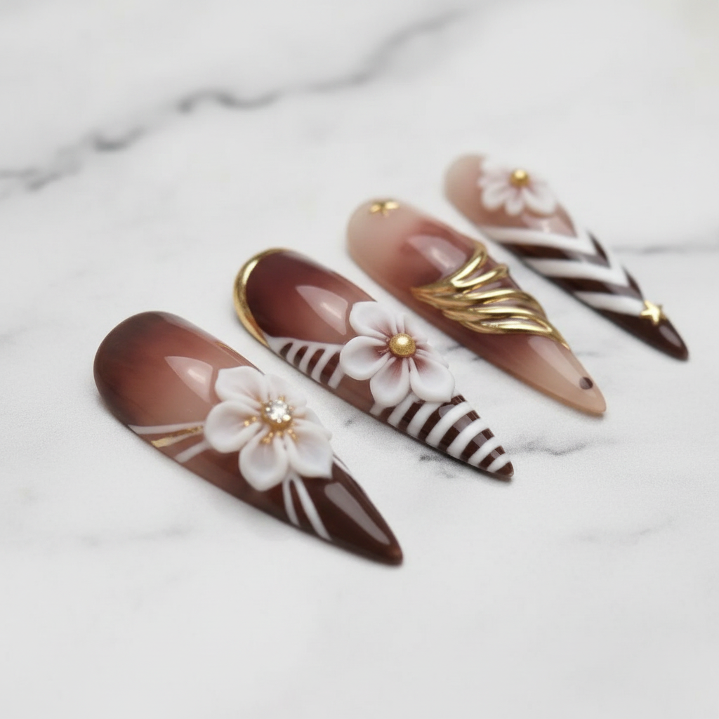 Macro close-up black white stripe chevron gold star custom press-on nails brown ombre — LuxepressCo
