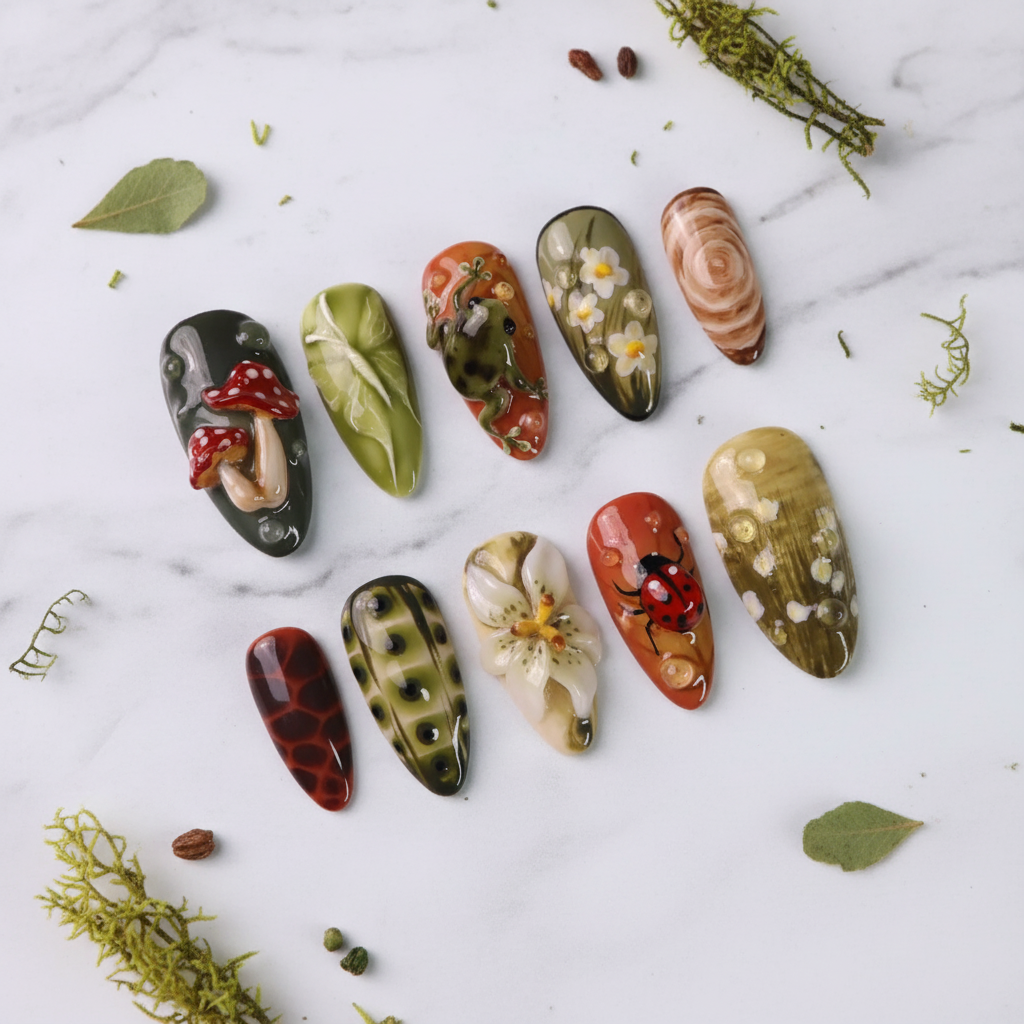 Cottagecore mushroom frog ladybug 3D botanical almond custom press-on nails full set on marble — LuxepressCo