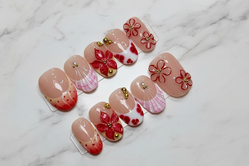 Red Floral Press-On Nails Hero Shot on marble background