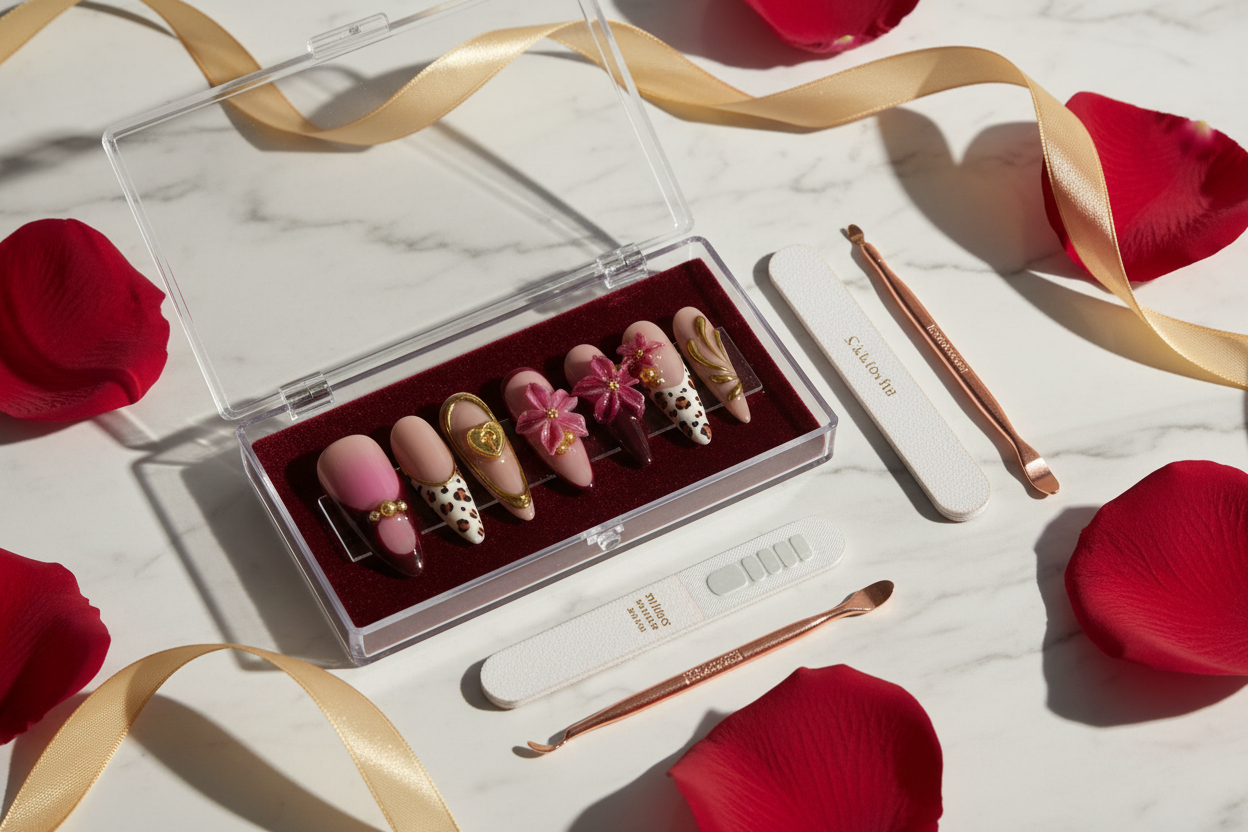 Luxury acrylic box unboxing mauve leopard 3D floral gold heart lock custom press-on nails with accessories — LuxepressCo