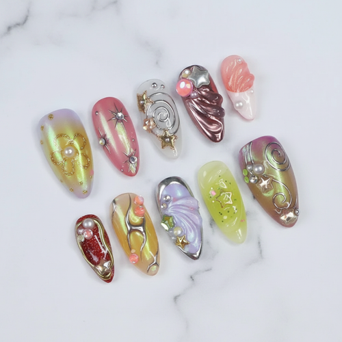 Iridescent aurora holographic custom press-on nails full set on marble studio — LuxepressCo