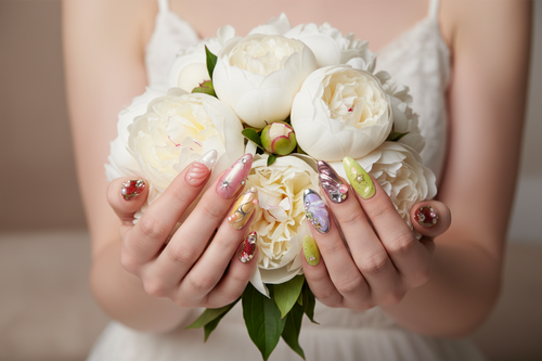 Fair-skin hands wearing holographic star chrome custom press-on nails holding flowers — LuxepressCo