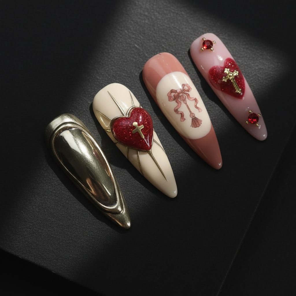 Vintage Romance gold cross heart chrome mirror press-on nails macro close-up dark dramatic — LuxepressCo