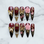 Flat lay top-down full set 10 burgundy royal butterfly stiletto reusable nails gold ornament marble — LuxepressCo