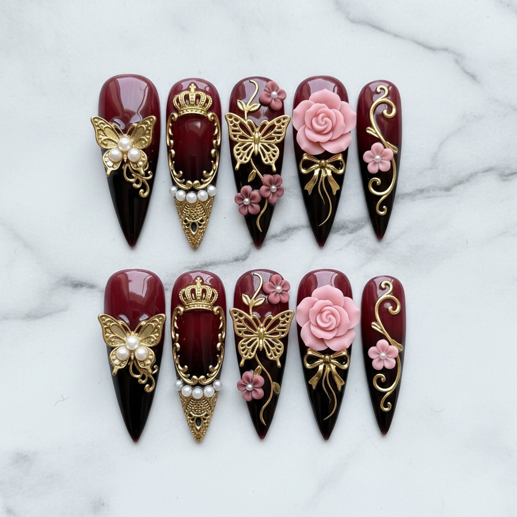 Flat lay top-down full set 10 burgundy royal butterfly stiletto reusable nails gold ornament marble — LuxepressCo