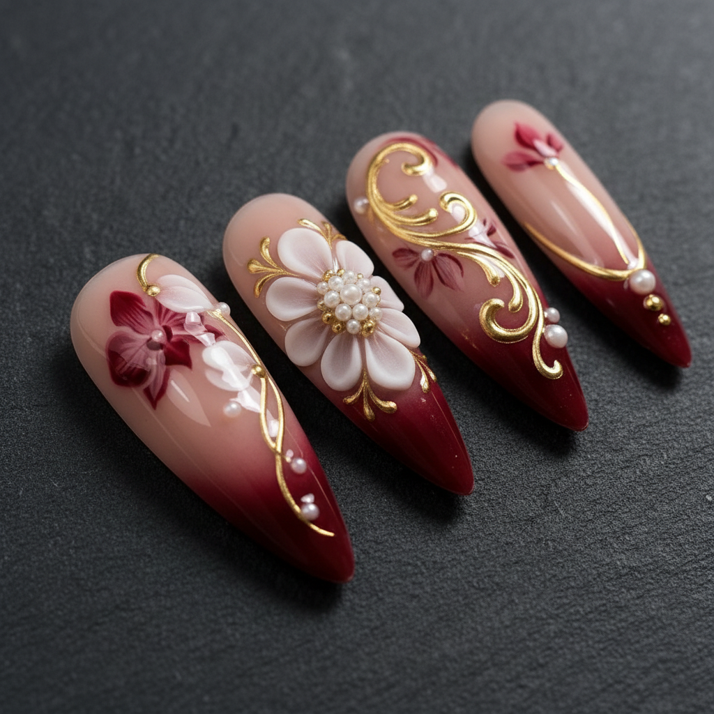 Macro close-up burgundy 3D white porcelain flower pearl gold swirl custom press-on nails dramatic lighting — LuxepressCo