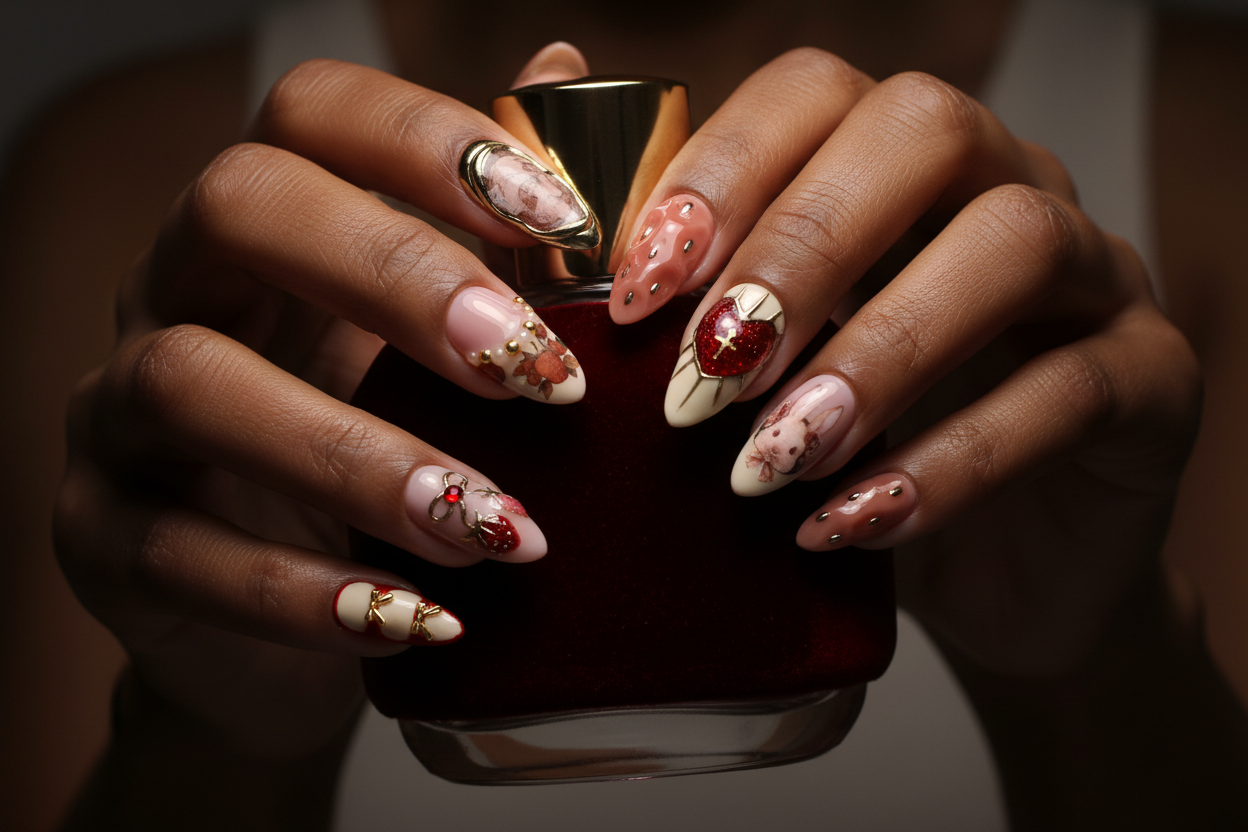 Dark skin hands holding red velvet perfume wearing dark romance sacred heart custom press-on nails — LuxepressCo