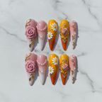 Flat lay top-down full set 10 3D floral rose daisy stiletto custom press-on nails white marble — LuxepressCo