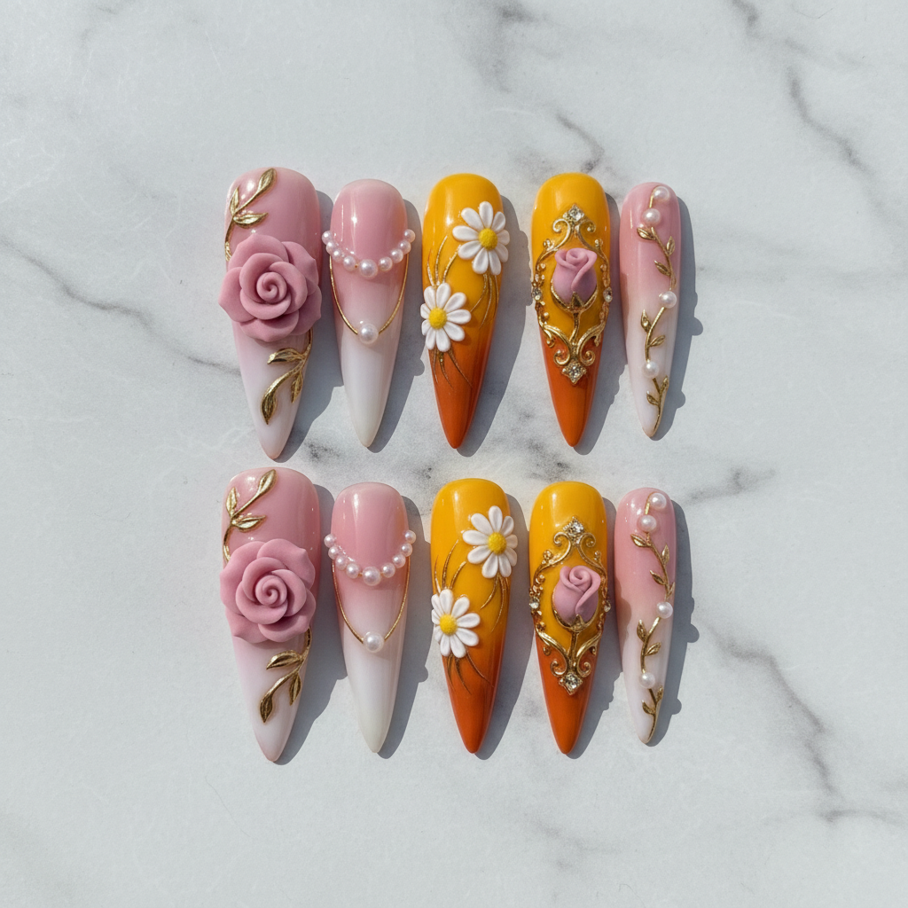 Flat lay top-down full set 10 3D floral rose daisy stiletto custom press-on nails white marble — LuxepressCo