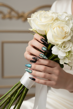 Light skin hands with iridescent holographic stiletto custom press-on nails holding roses — LuxepressCo