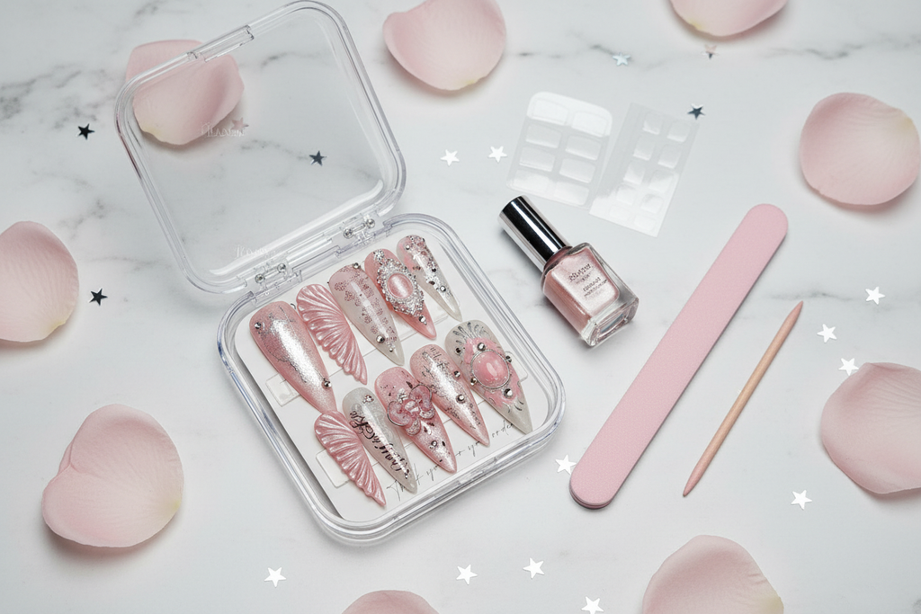 Luxury unboxing acrylic box pink fortune angel wing cat-eye gem custom press-on nails packaging — LuxepressCo