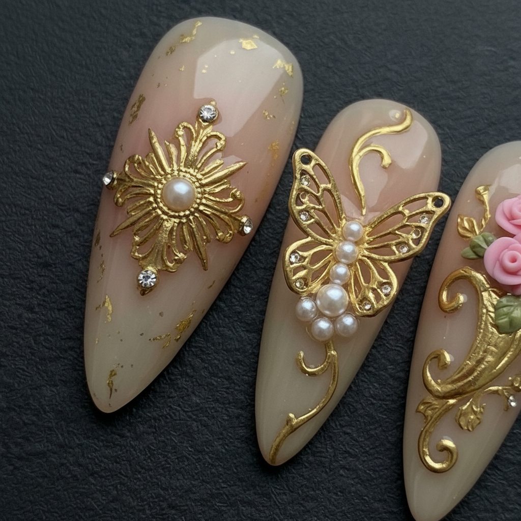 Macro close-up baroque mandala charm gold butterfly pearl custom press-on nails nude blush embellishment — LuxepressCo