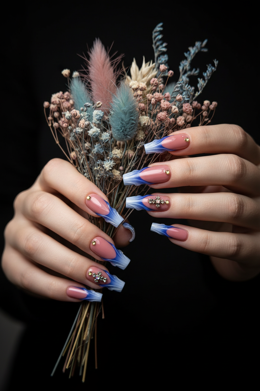 Fair-skin lifestyle dusty rose blue flame tip crystal cross custom press-on nails holding dried flowers — LuxepressCo