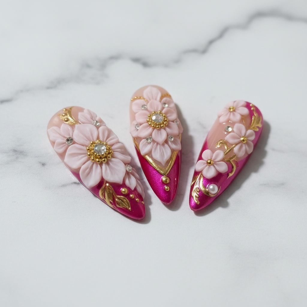 Close-up 3D floral pearl gold vine press-on nails nude pink marble background — LuxepressCo
