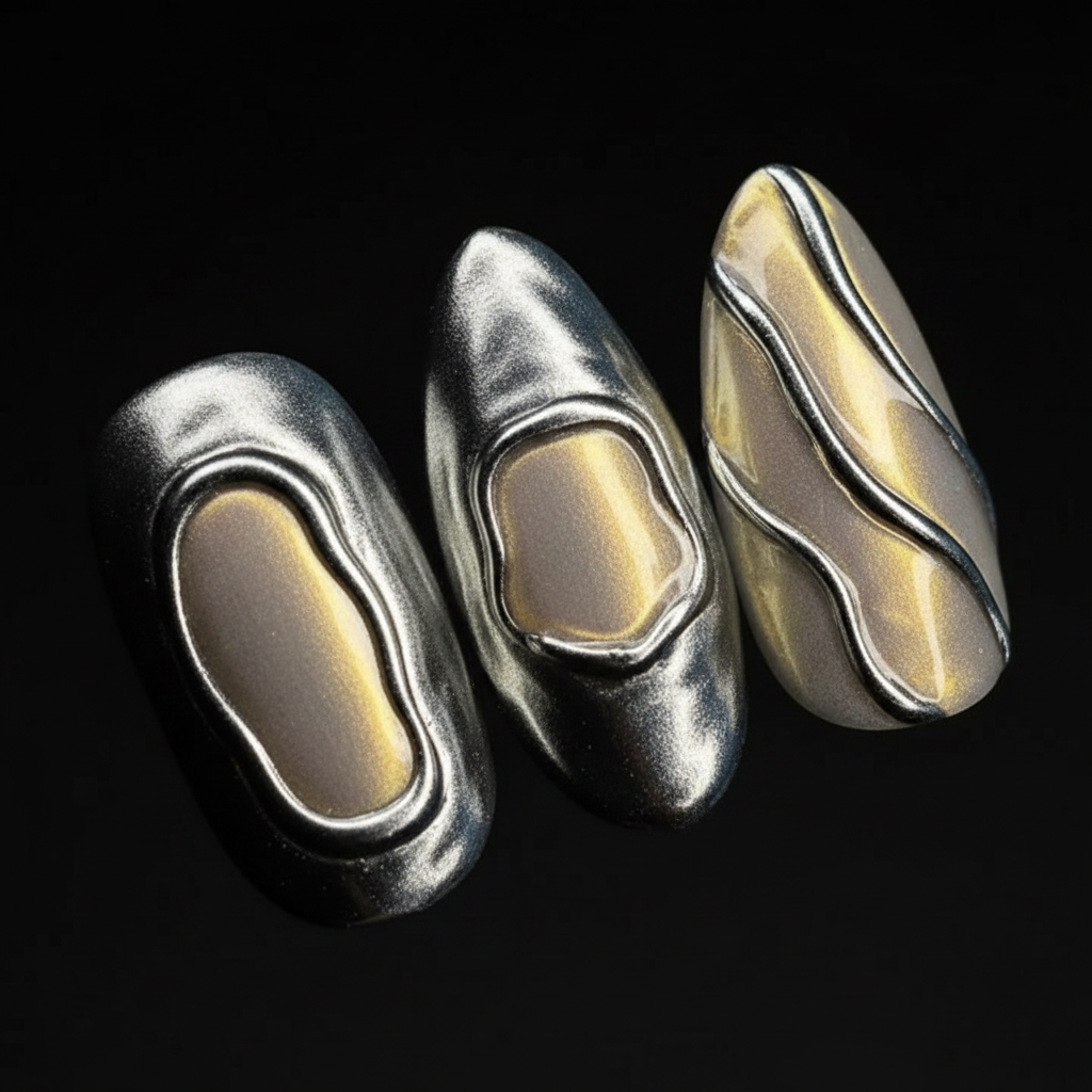 Macro close-up 3D oval frame and wavy line salon-quality press-on nails silver gold chrome liquid metal — LuxepressCo