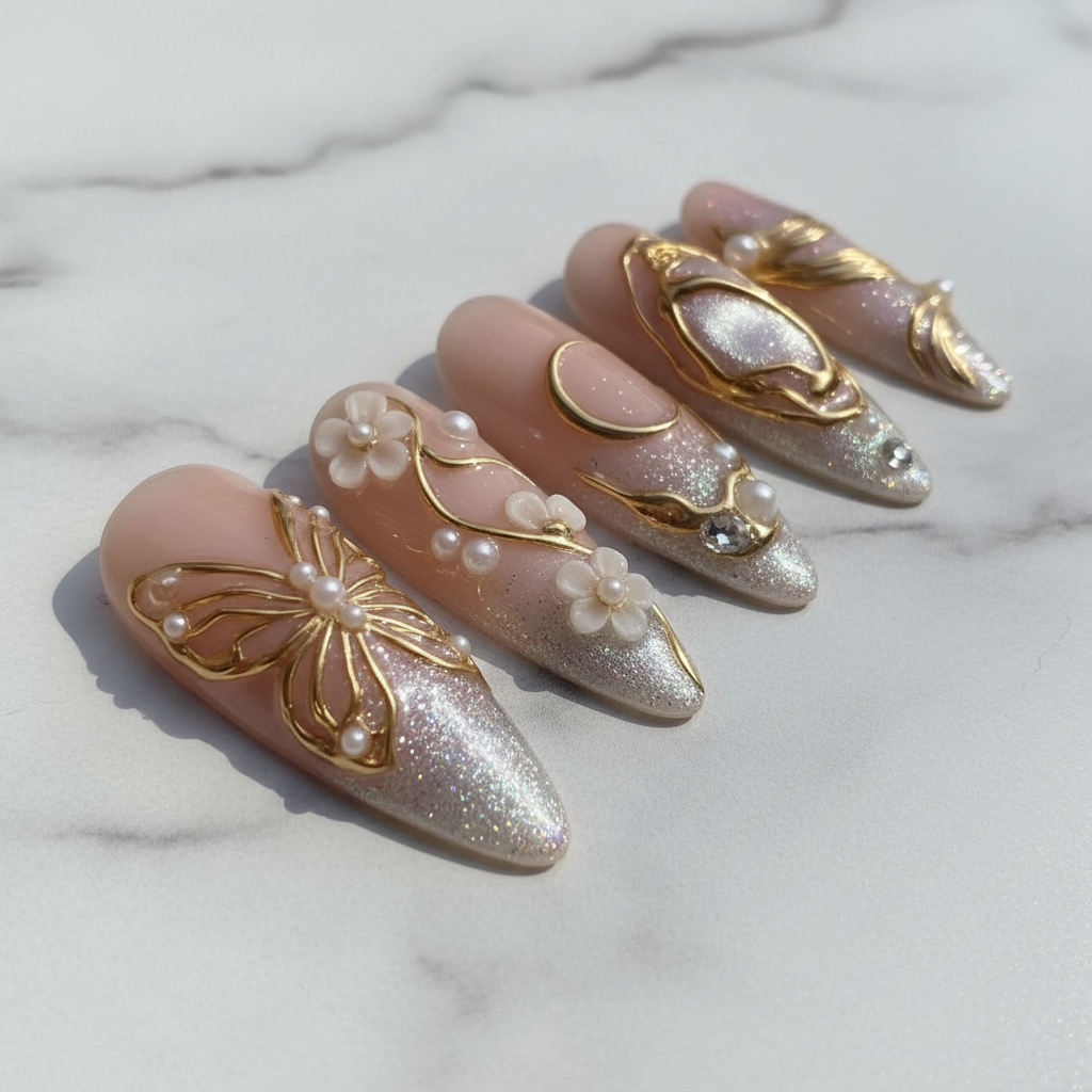 Macro gold sculptural swirl rose parallel draping 3D white flower pearl almond reusable nails marble — LuxepressCo