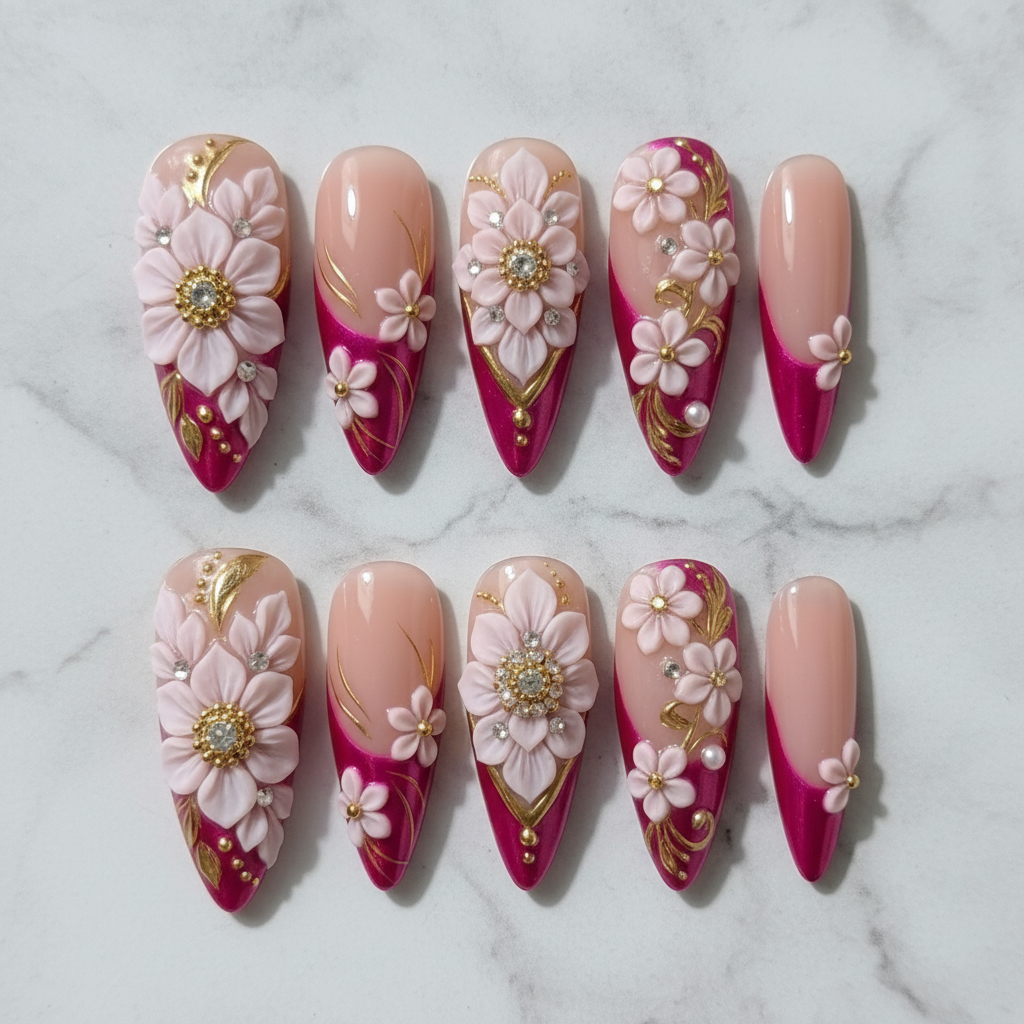 Flat lay top-down full set 10 3D floral rhinestone custom press-on nails hot pink gold — LuxepressCo