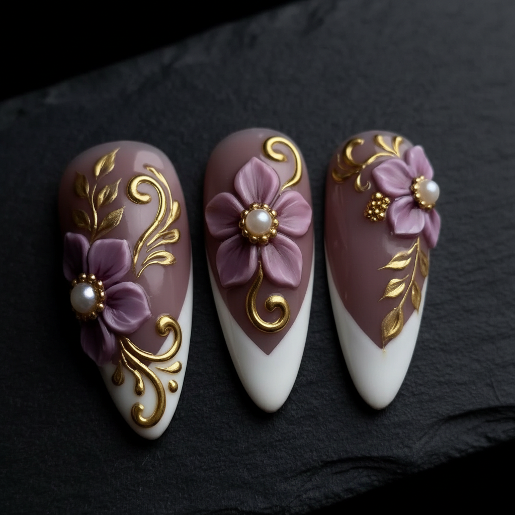 Close-up macro 3D mauve purple flower pearl center gold baroque filigree scroll white French tip custom press-on nails dramatic — LuxepressCo