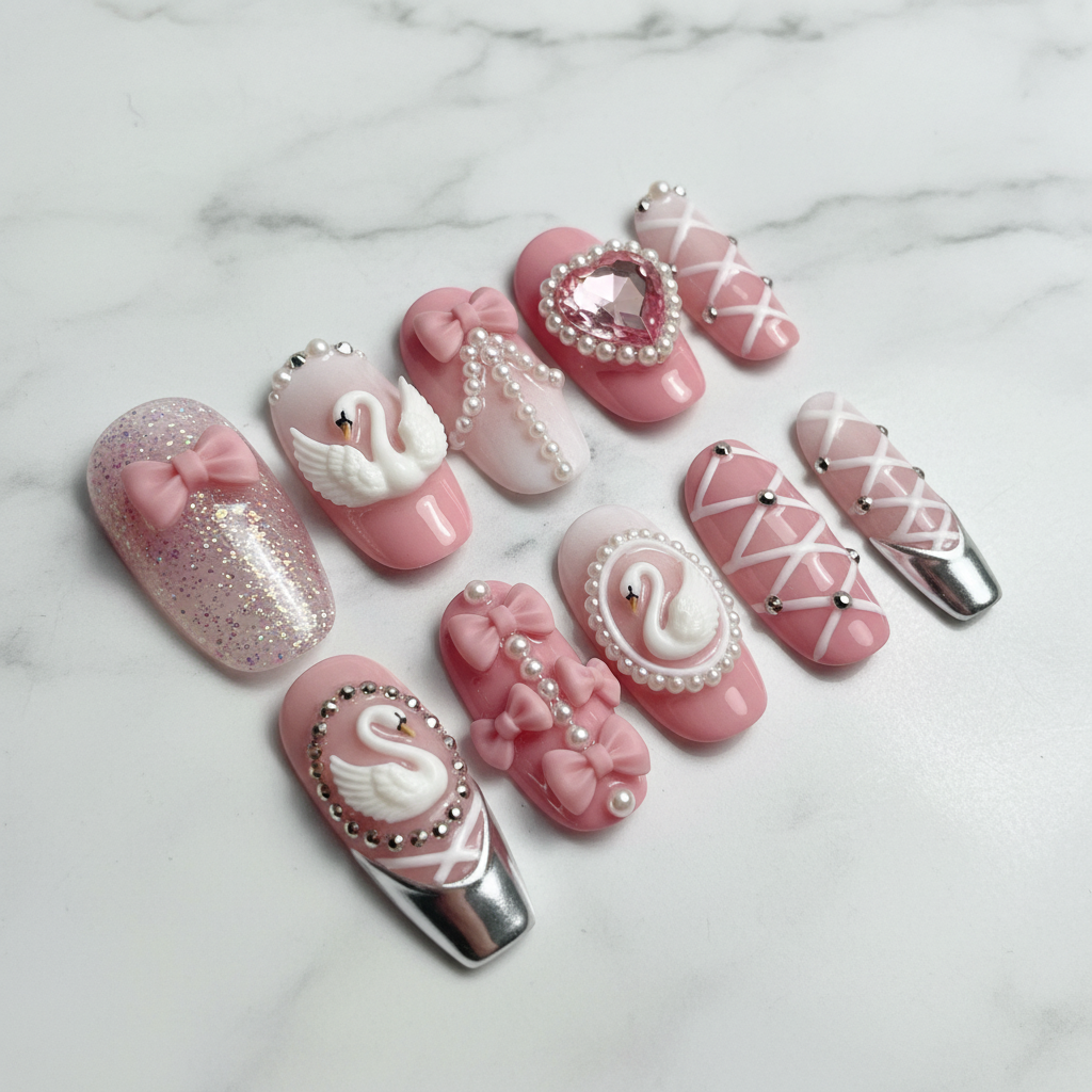 Swan Lake Ballet full set 10 custom press-on nails pink pearl bow gem studio white marble — LuxepressCo