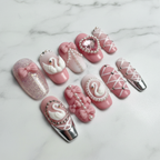 Swan Lake Ballet full set 10 custom press-on nails pink pearl bow gem studio white marble — LuxepressCo