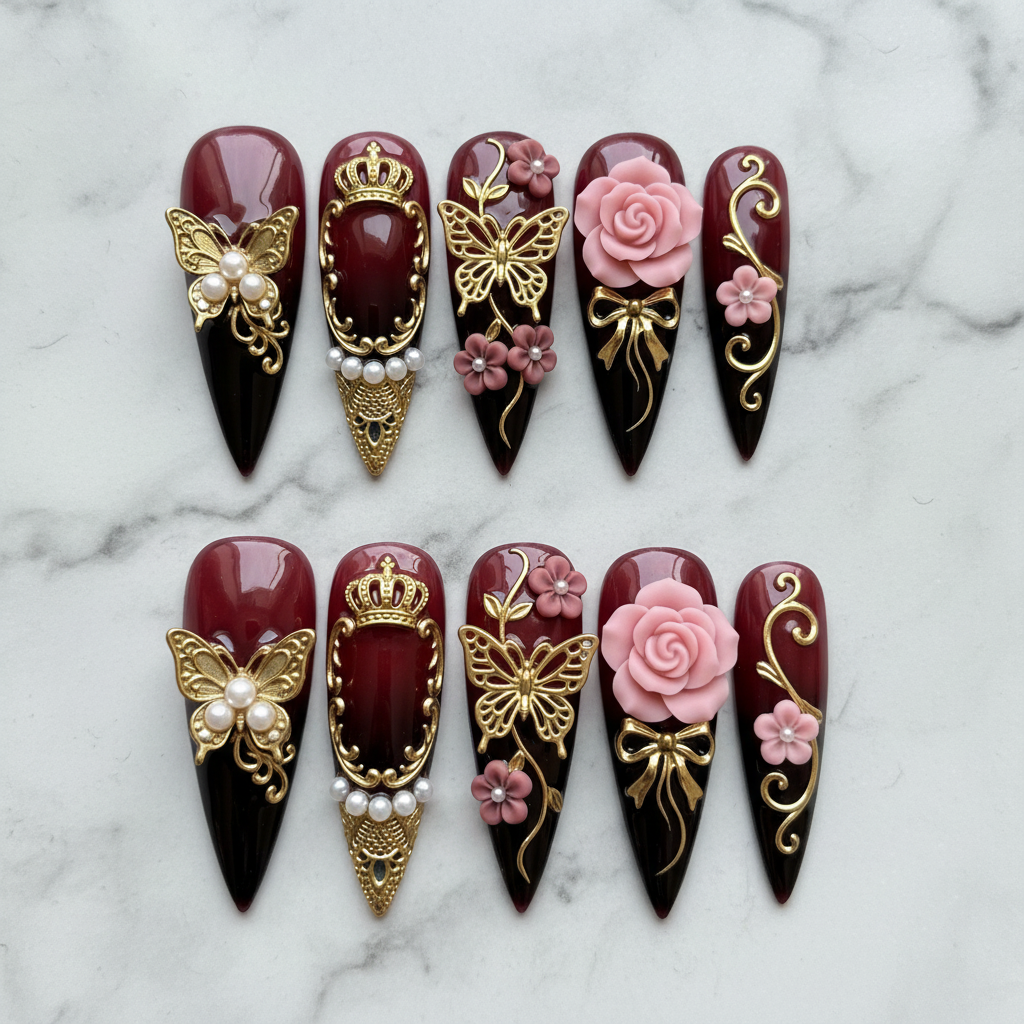 Full set 10 burgundy black ombre stiletto custom press-on nails with 3D gold butterfly crown pearl and pink rose — LuxepressCo