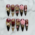 Full set 10 burgundy black ombre stiletto custom press-on nails with 3D gold butterfly crown pearl and pink rose — LuxepressCo