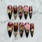Full set 10 burgundy black ombre stiletto custom press-on nails with 3D gold butterfly crown pearl and pink rose — LuxepressCo