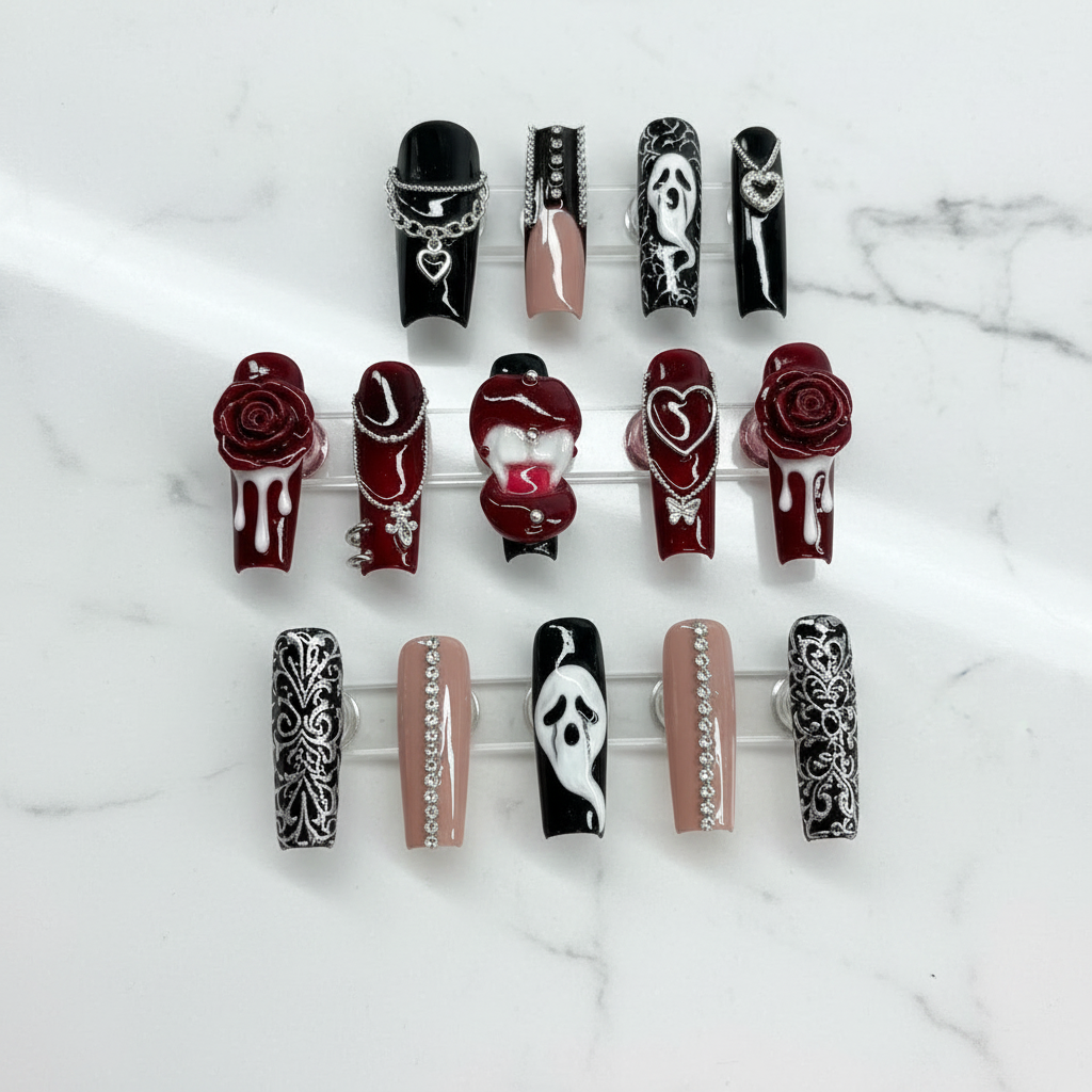 Gothic concert press-on nails dark red black 3D rose chain flat lay full set — LuxepressCo
