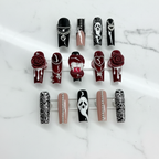 Gothic concert press-on nails dark red black 3D rose chain flat lay full set — LuxepressCo