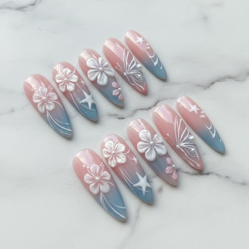 Hero studio shot full set 10 almond press-on nails pink blue ombre 3D floral pearl custom press-on nails — LuxepressCo