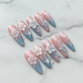 Hero studio shot full set 10 almond press-on nails pink blue ombre 3D floral pearl custom press-on nails — LuxepressCo