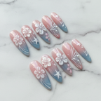 Hero studio shot full set 10 almond press-on nails pink blue ombre 3D floral pearl custom press-on nails — LuxepressCo