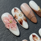 Macro close-up 3D pink flower rhinestone botanical custom press-on nails brown nude — LuxepressCo