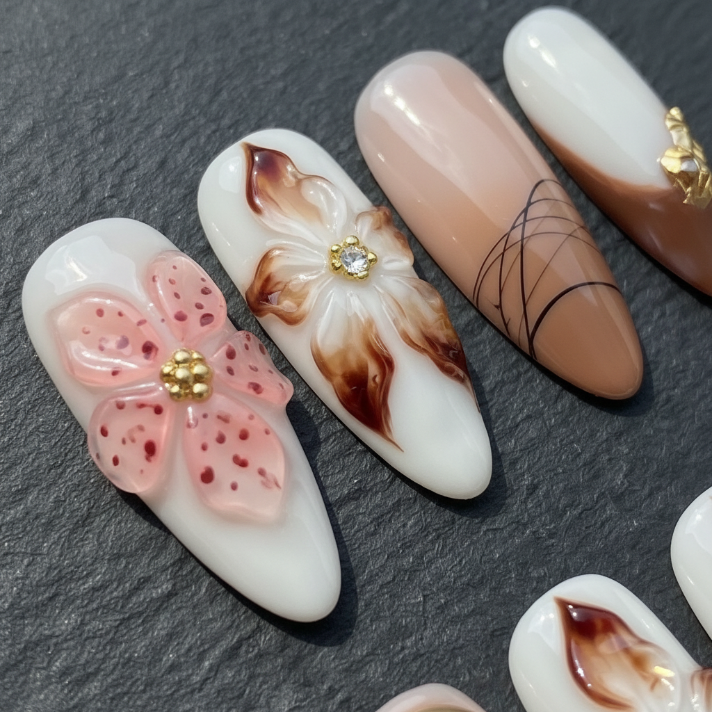 Macro close-up 3D pink flower rhinestone botanical custom press-on nails brown nude — LuxepressCo