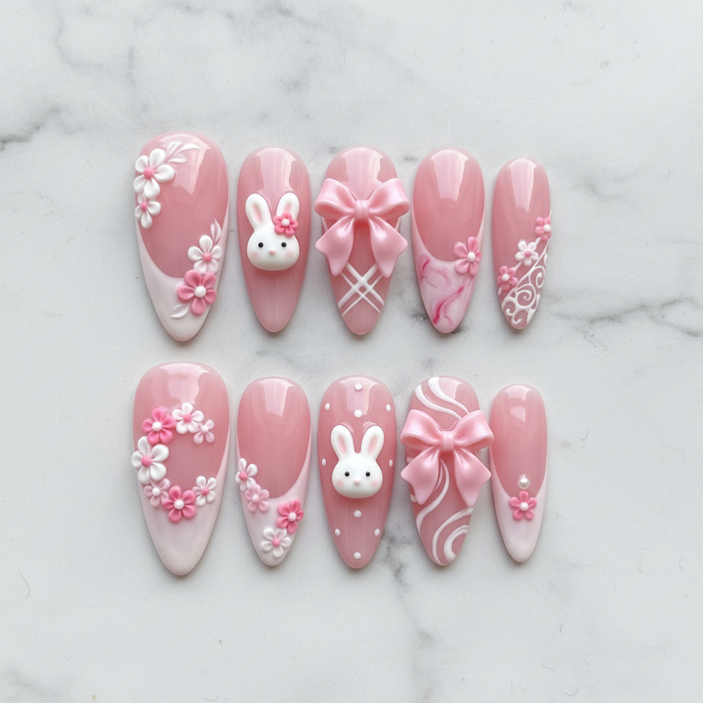Flat lay top-down full set 10 3D bunny bow floral coquette salon-quality nails white marble — LuxepressCo